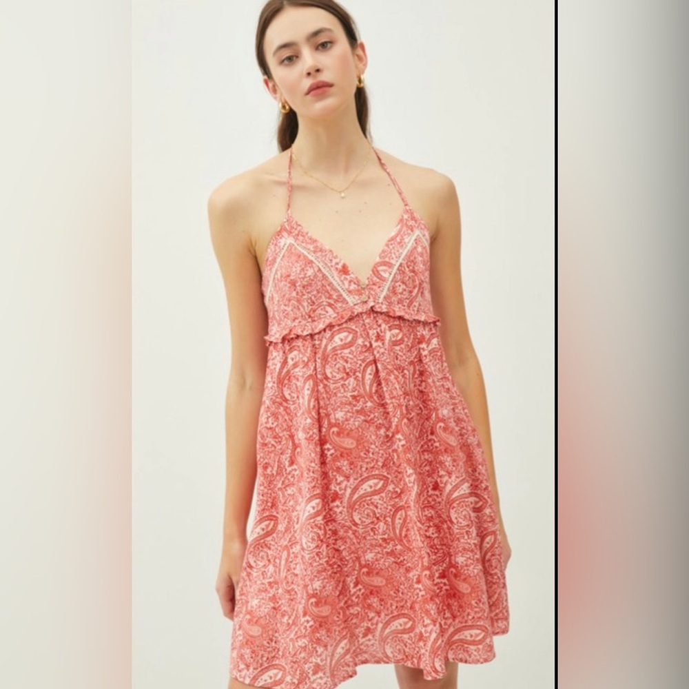Akica Red Paisley Tiered Smocking Back Halter Dress